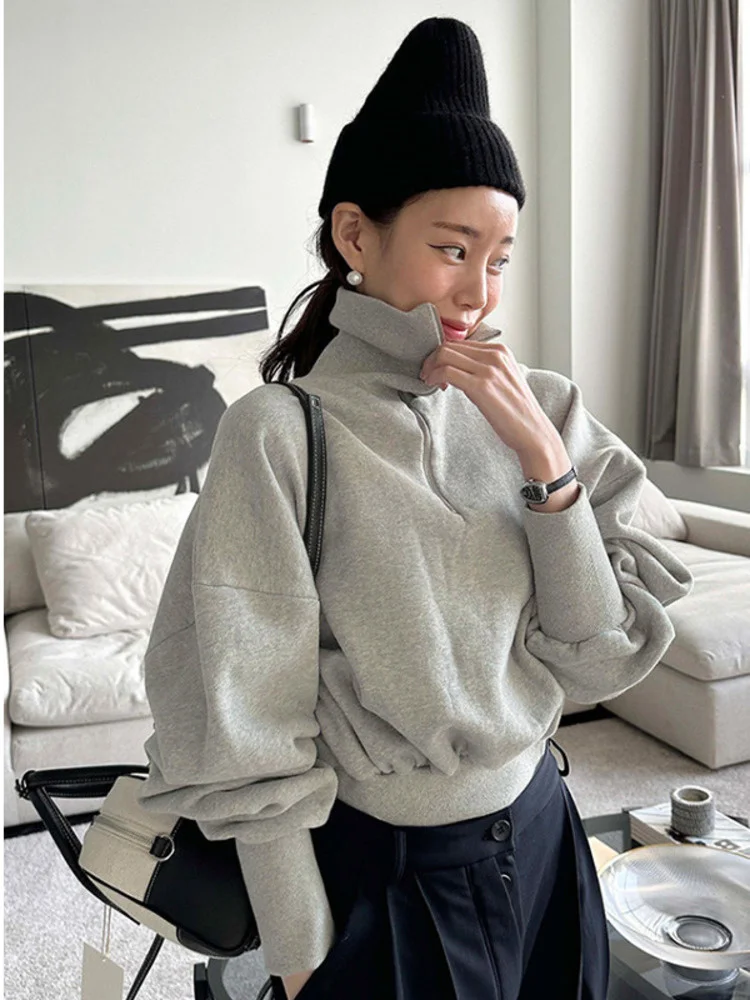 

Korea Autumn Winter Elegant Fashion Loose Slim Half Zipper Turtleneck Sweatshirt Fashion Women Tops Sweet C430