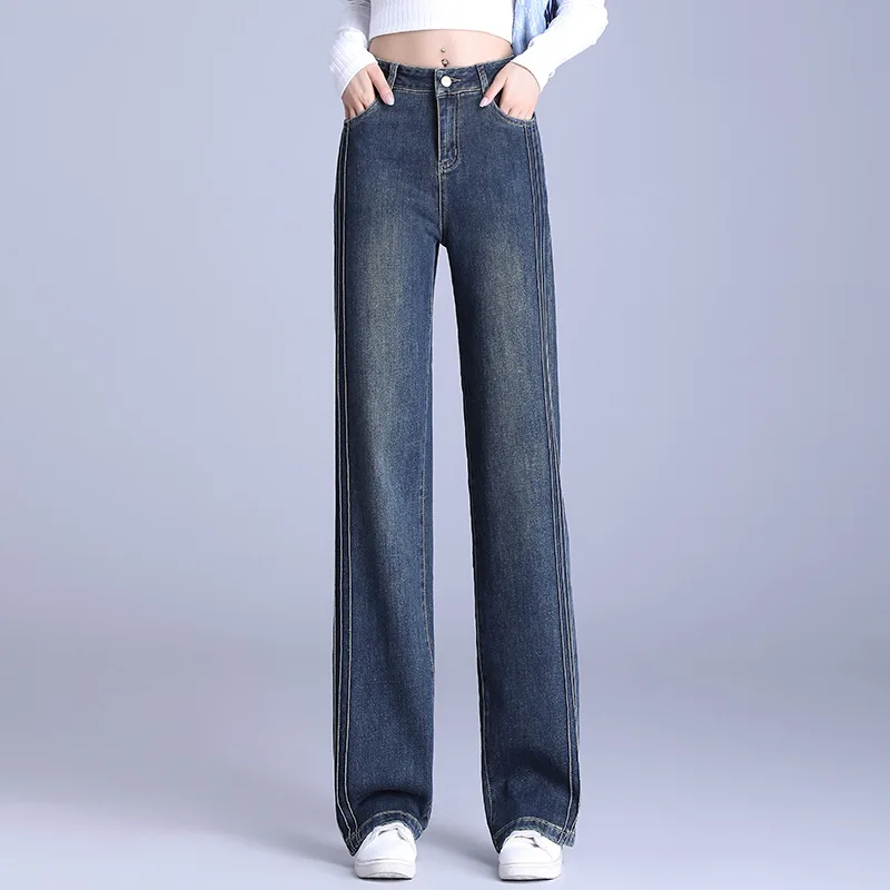 

Straight-leg Jeans for Women, Autumn Versatile Slimming High-waisted Loose Draped Side Stripe Wide-leg Pants