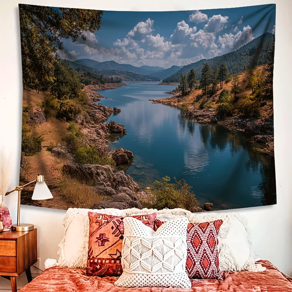 Scenic Lake Valley Tapestry 2D Digital Print Polyester Wall Hanging Bedroom Living Room Office Decor with Hooks