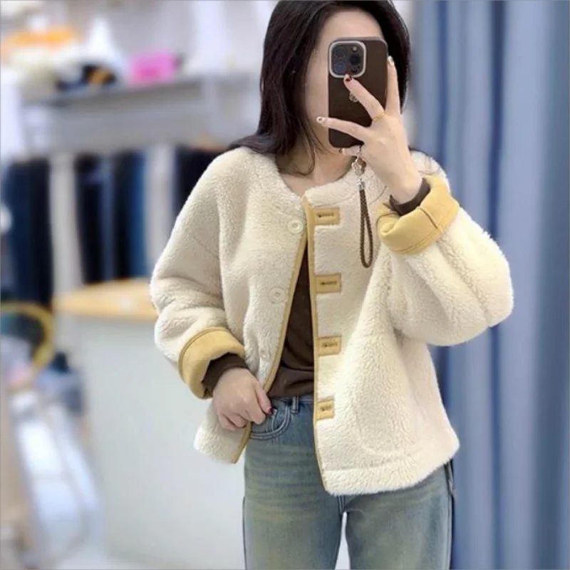 Women Plush Thick Coat 2024 Winter Long Sleeves Round Neck Loose Jacket Contrast Stitching Fashion Versatile Outwear