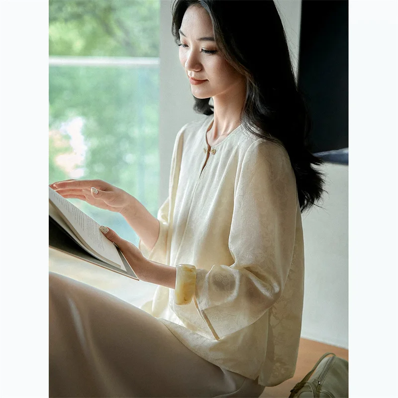 Women Shiny Jacquard Blouse New Chinese Keyhole Neck 3/4 Flare Sleeve Pullover Top Plus Size Autumn Elegant Shirt