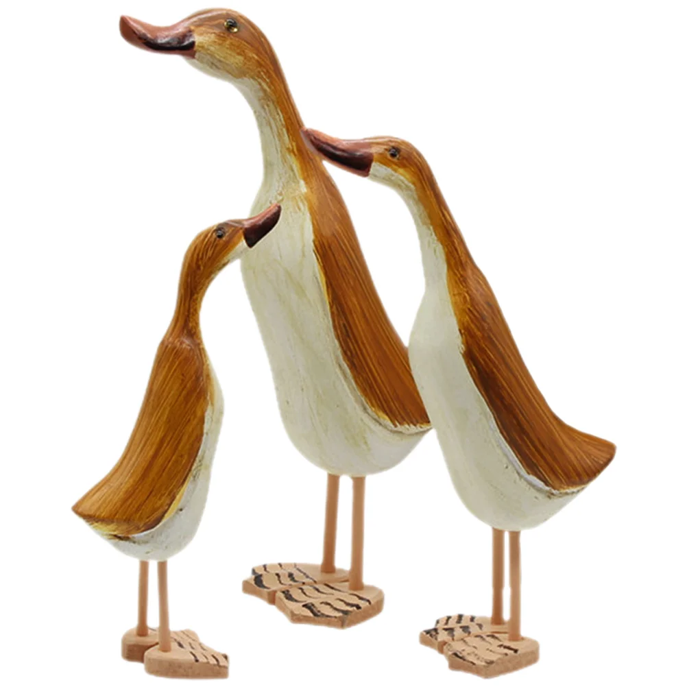 3 Pcs Duck Animal Statue Decor Lovely Figurine Wood Sculpture Decorations Craft Carved