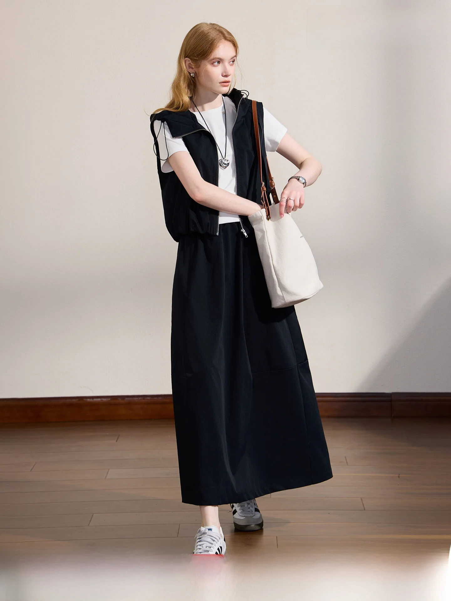 Casual Hooded Vest Skirt Set Stylish Lazy Girl Autumn Collection Breathable Polyester Fiber Zipper Closure mid High Waist