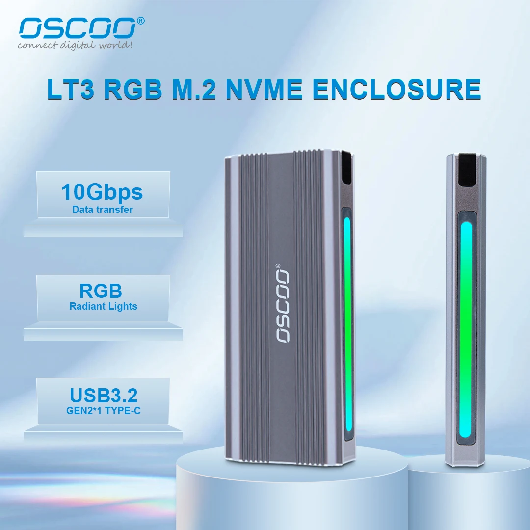 Oscoo M.2ร้อน SATA NVMe RGB SSD Enclosure 10Gbps อะแดปเตอร์ USB3.2 Type C กล่องฮาร์ดดิสก์แบบพกพา SSDs ตัวอ่าน SSDs ภายนอก