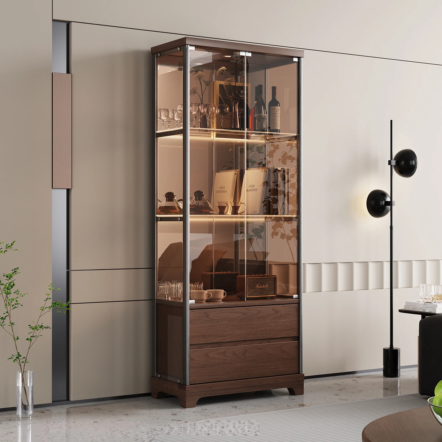 New Chinese solid wood wine cabinet living room home light luxury display cabinet modern simplicity