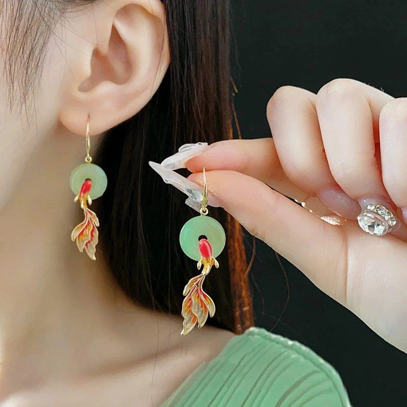 Vintage Fashion Koi Earrings PingAn Buckle Goldfish Pendant Geometric Piercing Earrings for Women Girls Lucky Jewelry Gift New