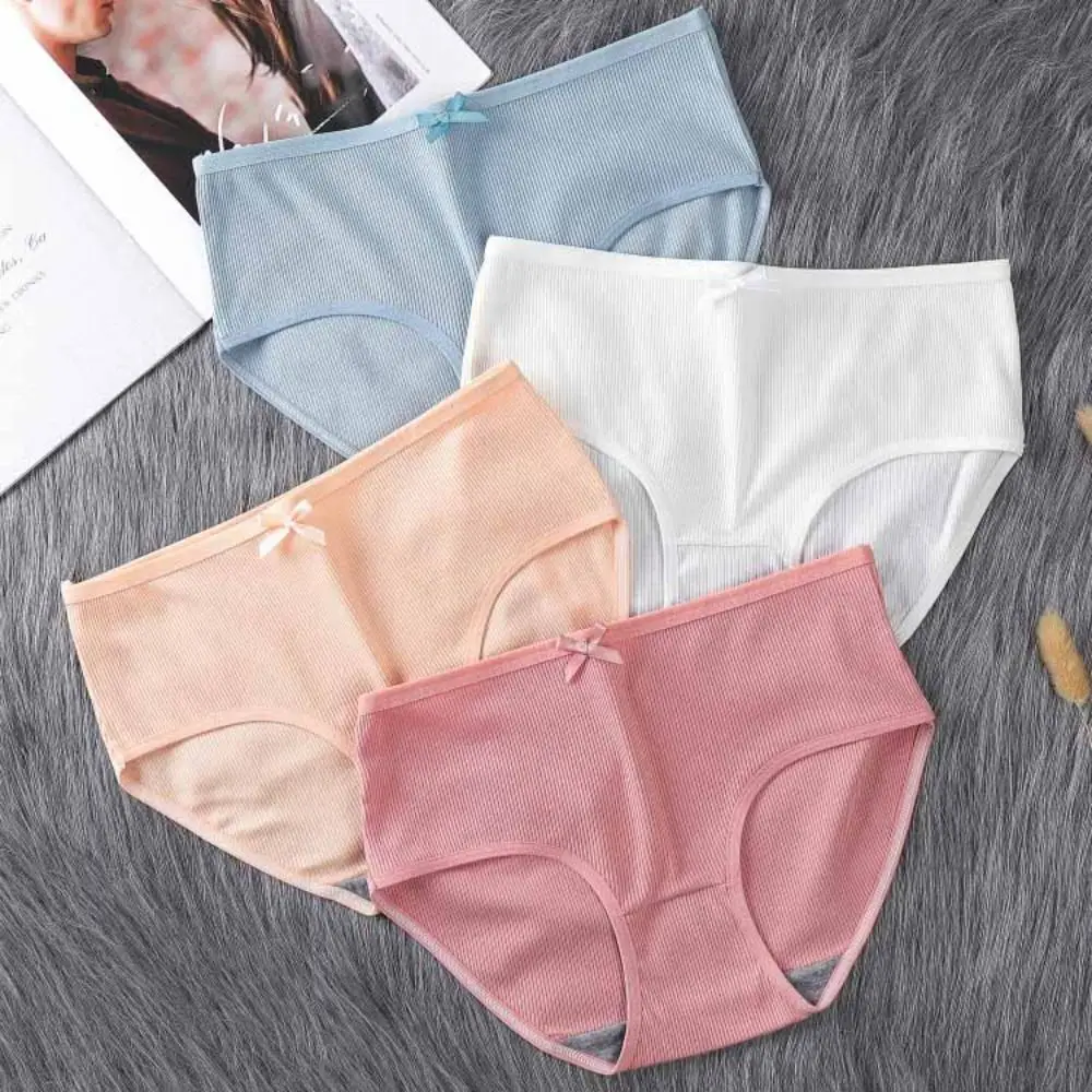 

8Pcs Lingerie Bowknot Simple Underpants Mid Waist Panties Seamless Briefs Cotton Crotch Solid Color Underwear for Women Gifts