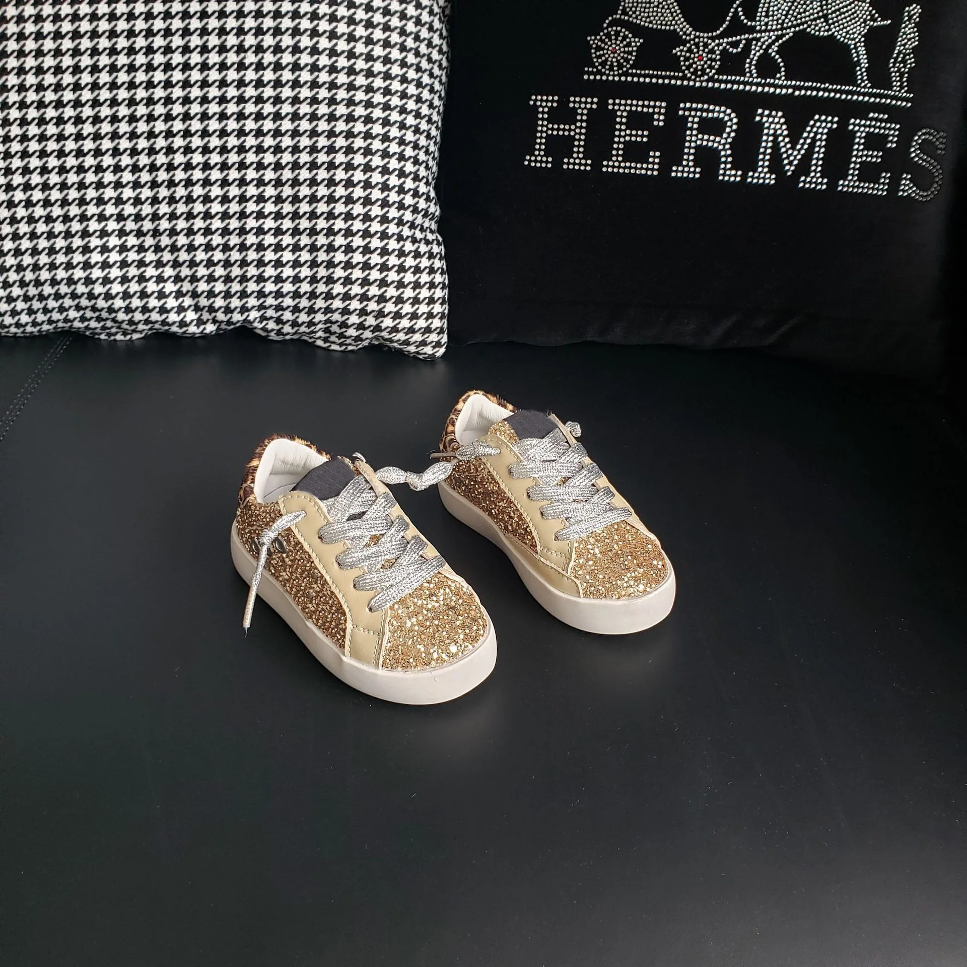 Gold Sequin Tone Sneakers Old School Leather Girl's May Glitter Leather Star Low-Top Sneakers Kids Leopard Shoes