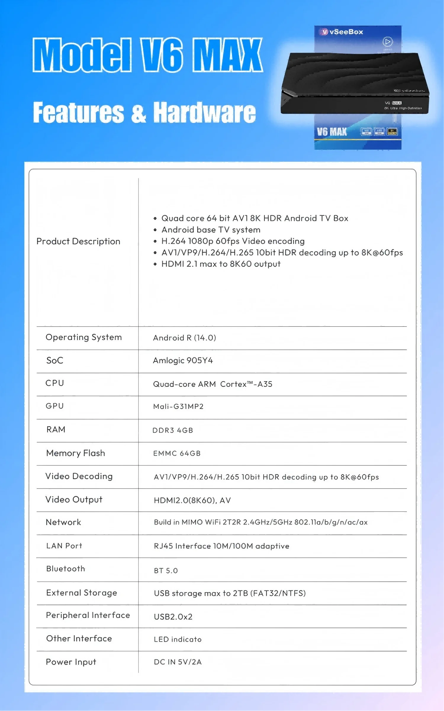 vSeeBox V6 Max 2026 Newest Version, Android 14, 4GB RAM 64GB Storage, Voice Control, WiFi 6, Parental Control, 8K HDMI, Complete Kit with Remote, HDMI Cable, Power Adapter & Setup Guide