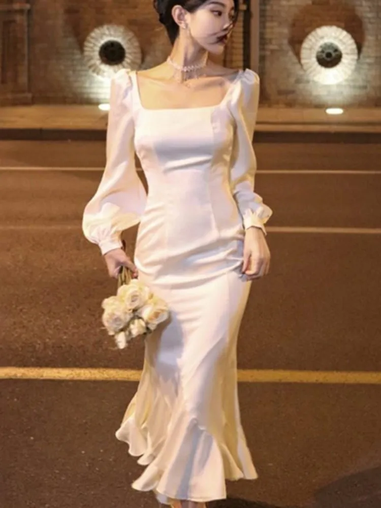 

Women Fall Elegant Chic Midi Mermaid Dress Solid Evening Party Prom Vestidos Long Sleeve Bodycon Female Clothes Robe Korean