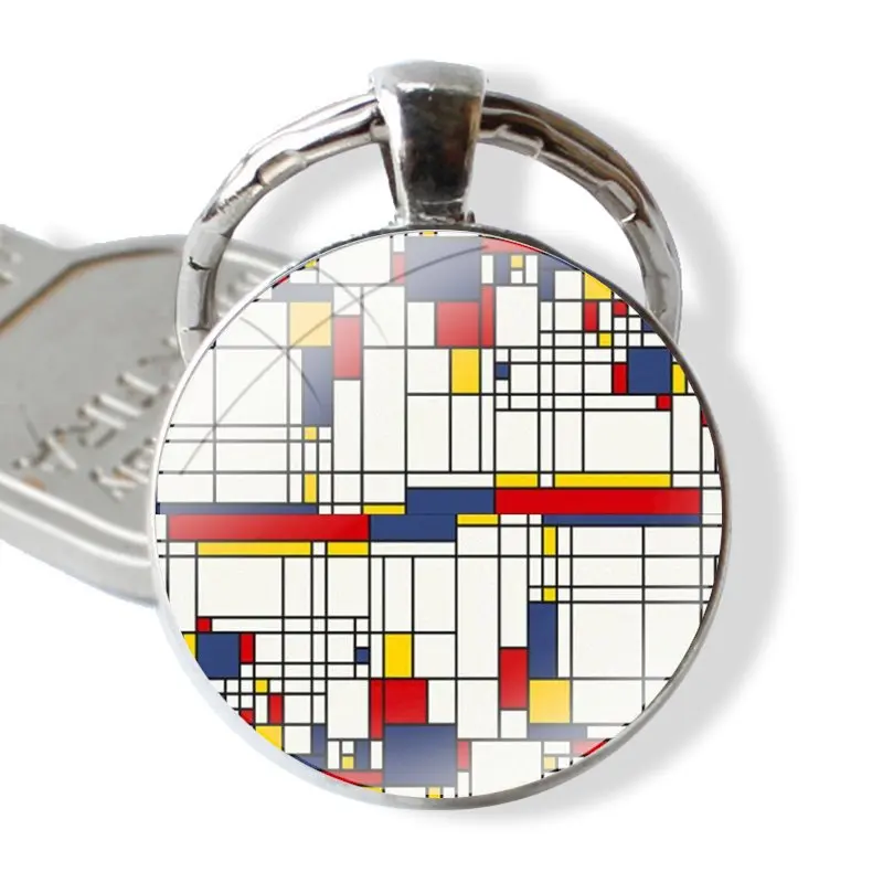 Keychain Handmade Glass Cabochon Key Ring Holder Pendant Key Chains mondrian mondrian Color square