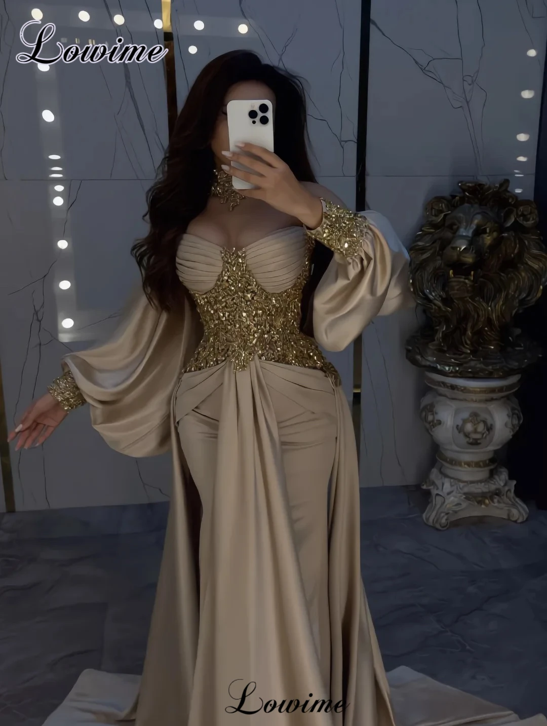 Einfache Champagner-Abschlussballkleider mit goldenen Kristallen, langen Ärmeln, Cocktailkleider, Meerjungfrau-Festzugkleider, Vestidos De Cóctel, individuell gestaltet
