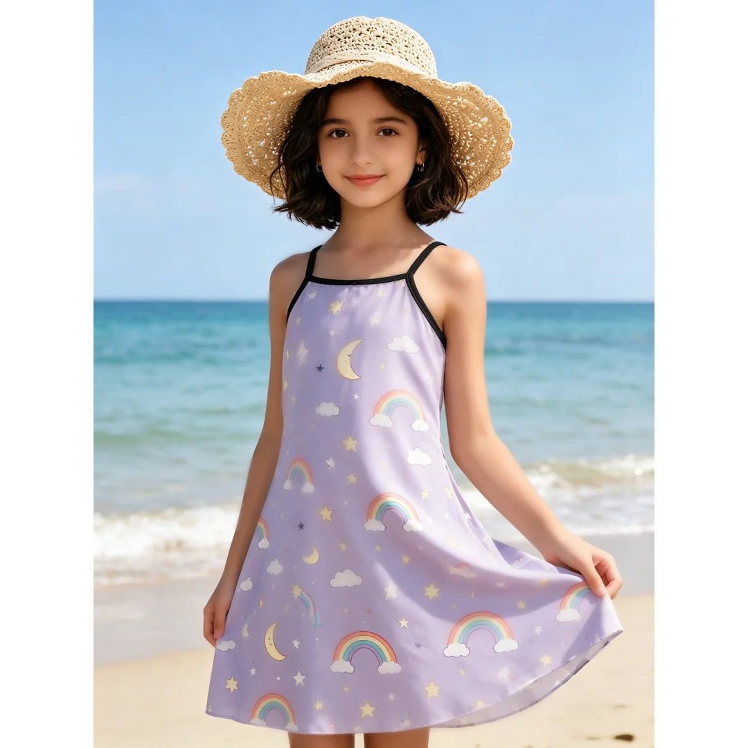 Childen Camisole Sundress Cute Cow Animal Print Sleeveless One‑Piece Dress Casual and Comfortable Summer Home Daily Wear