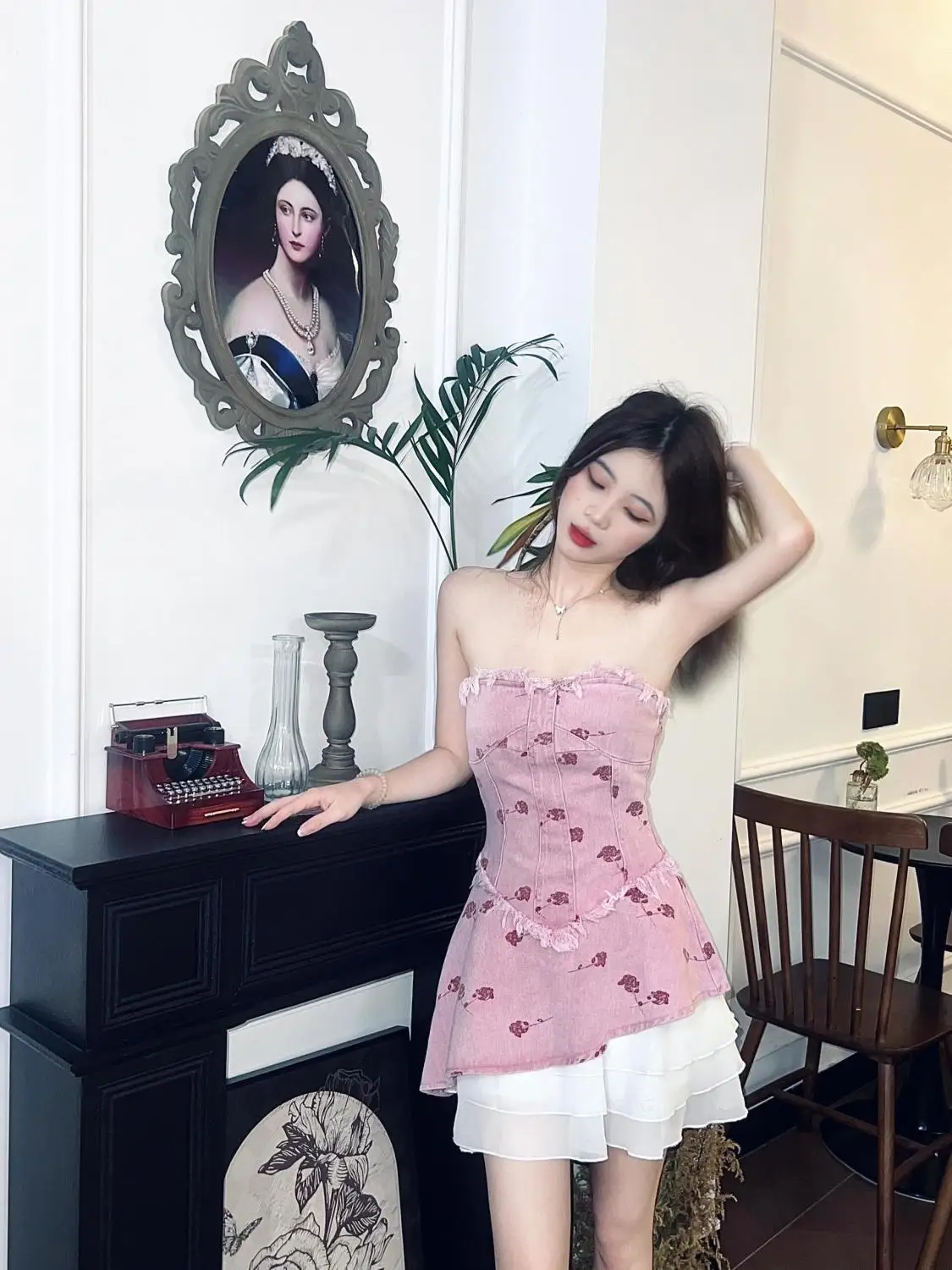 Suit Denim Tube Top Irregular Short Skirt Floral Girl Pure Desire Wind 2024 Summer New Design Feeling Waist Slim.