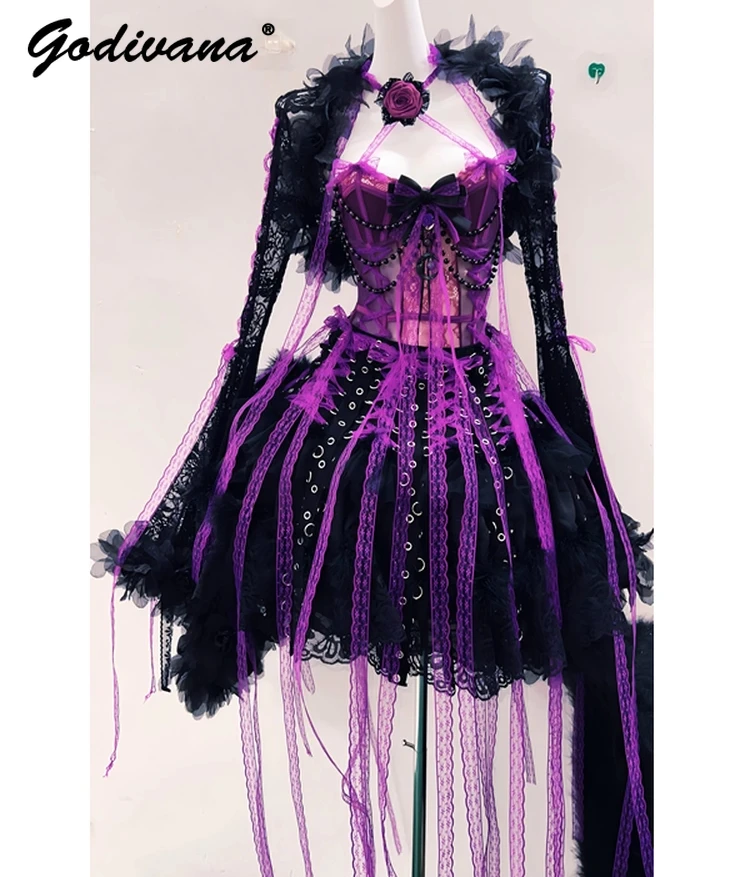 original-gothic-black-purple-dress-set-girl-women's-elegant-long-sleeve-lace-cardigan-puffy-skirt-lolita-halloween-cosplay-set