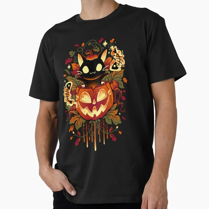 Black Cat and Pumpkin Halloween Gift T Shirt Funny Spooky Cat Lover Tee Unisex Trick or Treat Costume Party