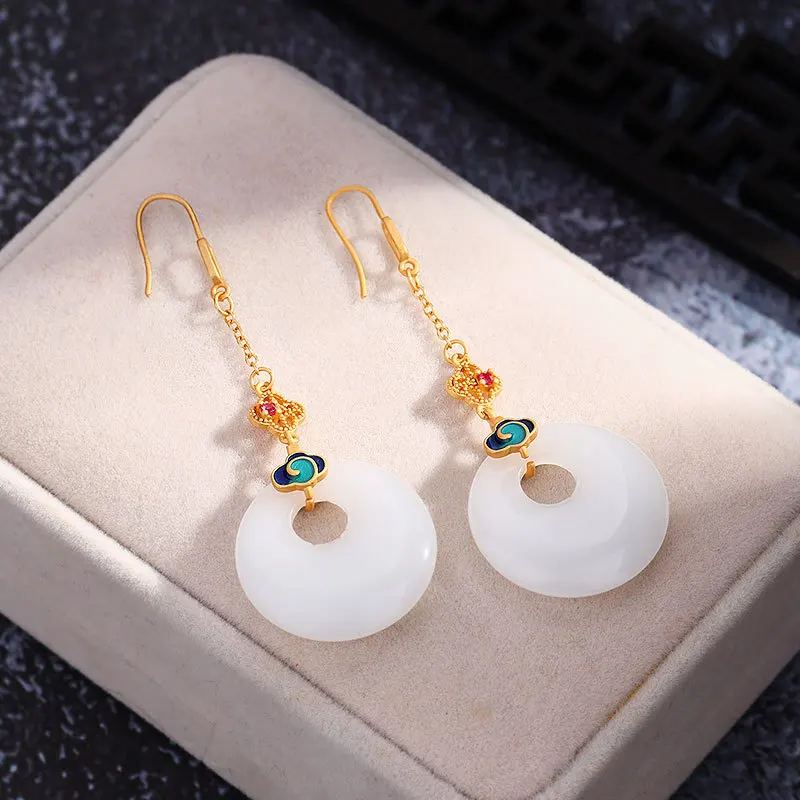 

Natural Hotan White Jade round tassel earrings for women New in auspicious clouds court style enamel exquisite chain jewelry