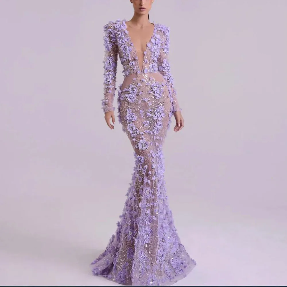 Robe de soirée personnalisée avec des Appliques florales 3D, Illlusion brodée, col en V, robe de soirée perlée, 2025