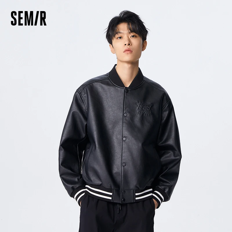 

Semir Jacket Men Spring Quality PU Imitation Leather Loose Retro College Baseball Trendy Contrast Color Motorcycle Wind Coat