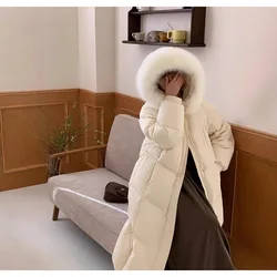 2024 Winter New Korean Edition White Goose Down Jacket for Women, Hooded, Large Hairy Collar, Long, Over Knee, Loose, Thick Coat