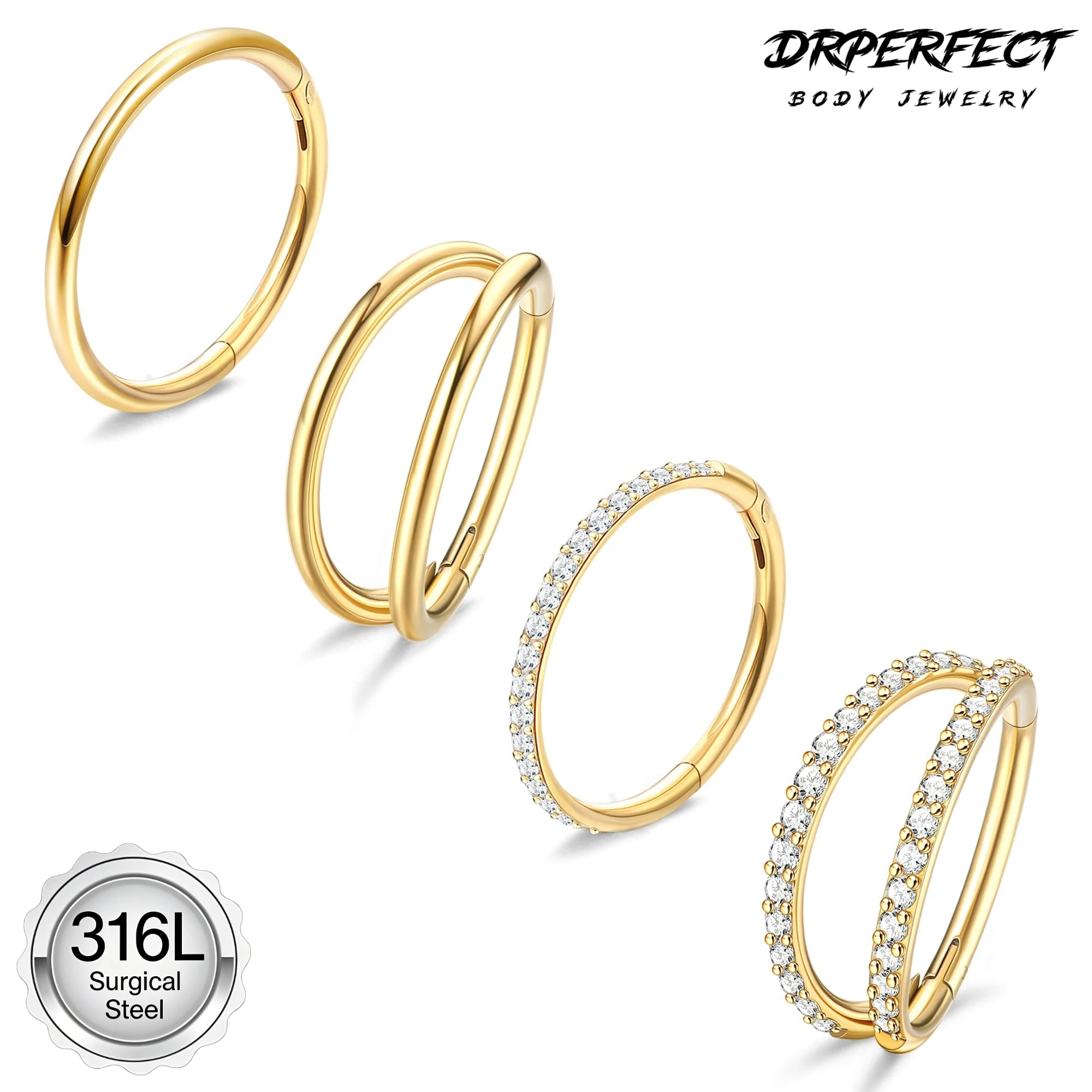 Drperfect 4PCS Nose Rings Hinged Hoops for Women Men 316L Surgical Steel Earrings Tragus Septum Double Ring CZ Piercing Jewelry
