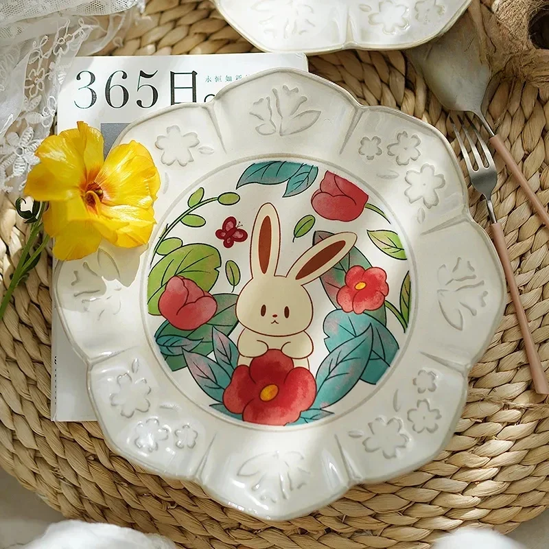 

8.4inch Ceramic Dinner Plate Vintage Floral Cake Dessert Dishes Snack Plates Household Dinnerware For Coffee Shop
