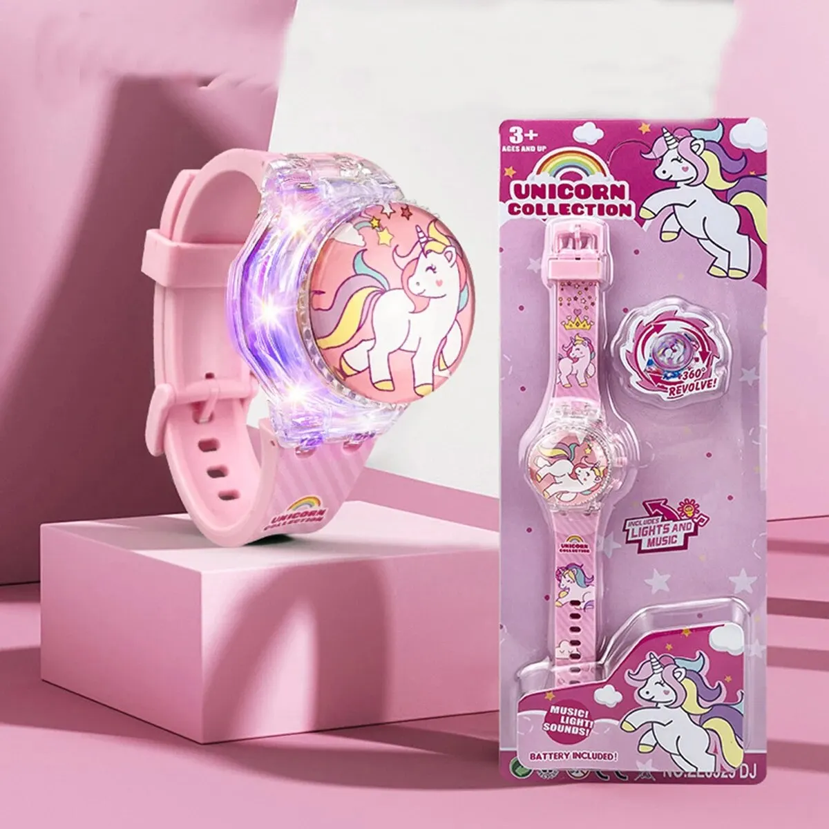 Fashion Creative Gyro Turntable Unicorn Light up Watch Students Watch Colorful Horse Light up Electronic Display