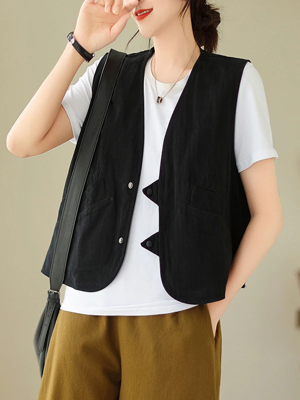 Retro Bawełniana Lniana Kamizelka z Dekoltem w Serek Luźna Casualowa Kamizelka Bez Rękawów Duży Rozmiar Odzież Wierzchnia Damska Jesień Sylwetka Gruszka