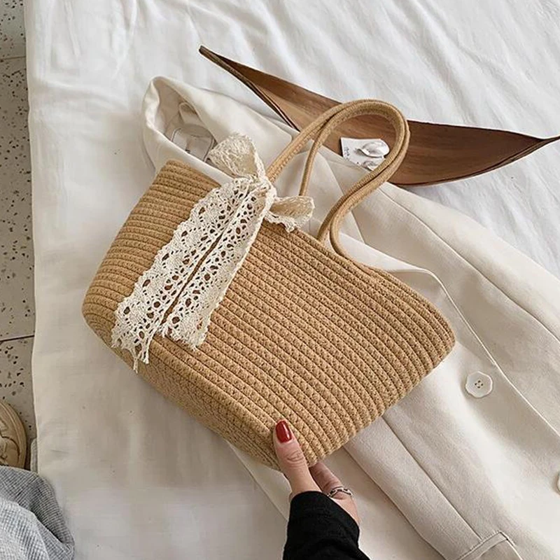 Grande Capacidade Beach Woven Bag, versátil bolsa, corda de algodão, Lace Bucket Bag