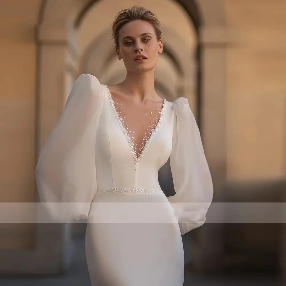 Aangepaste kralen prachtige v-hals lange mouw trouwjurk charmante backless sweep trein bruidsjurken vestidos de noiva