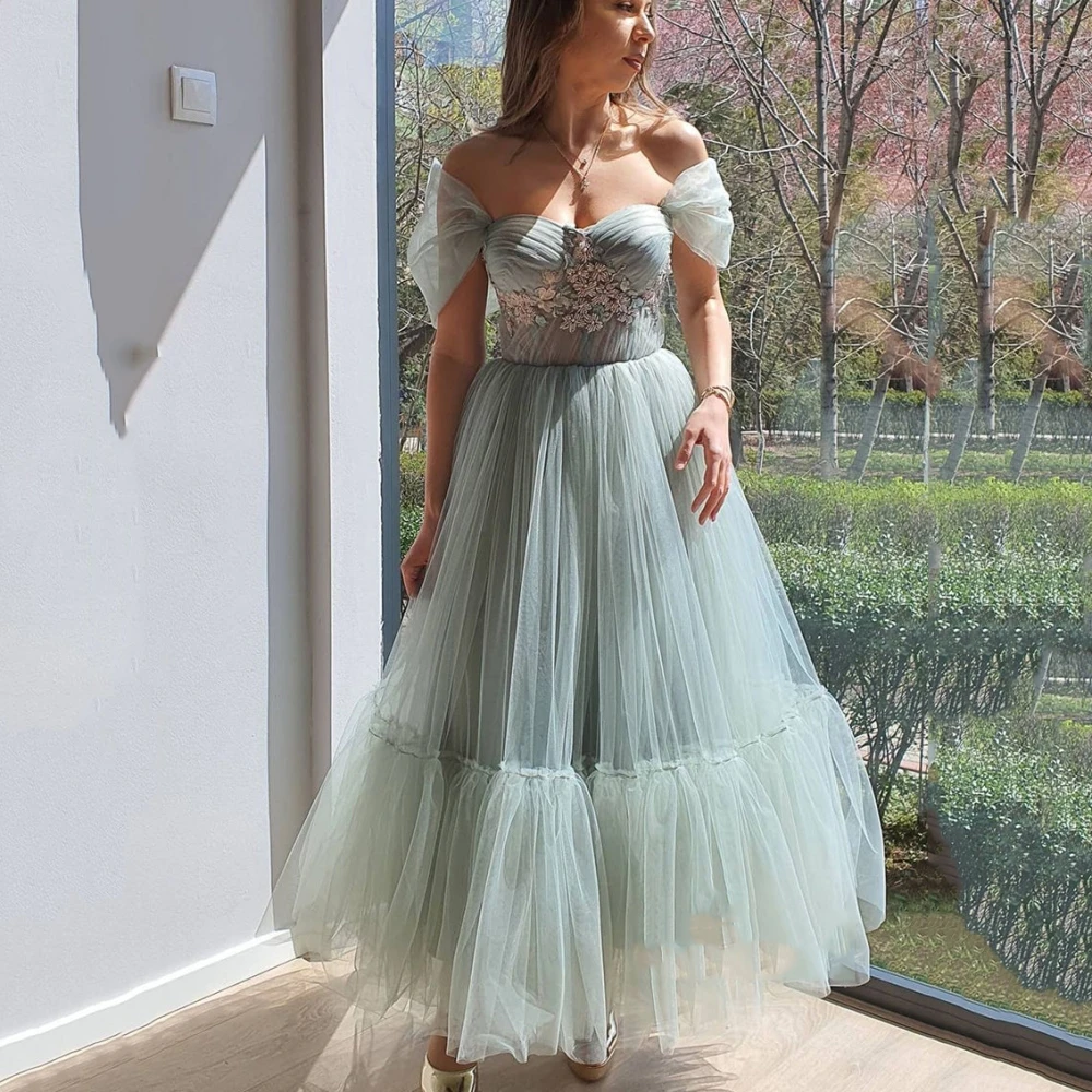 

Prom Dress For Women Mordern Off The Shoulder A Line Evening Gowns Sweetheart Neck Applique Formal Party Dresses فساتين الحفلات