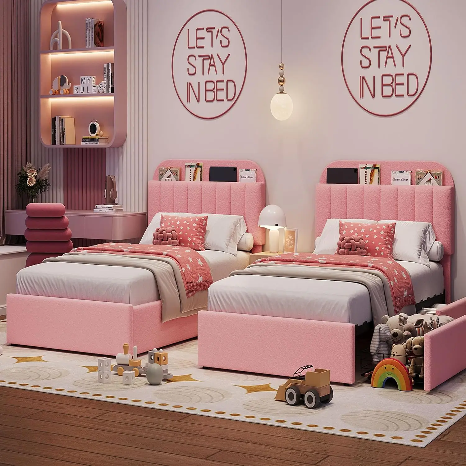 هيكل سرير للأطفال، سرير بمنصة منجدة للفتيات مع درجين مرنين، خزانة كتب، لوح رأسي، خالي من الضوضاء، سهل التجميع بدون صندوق