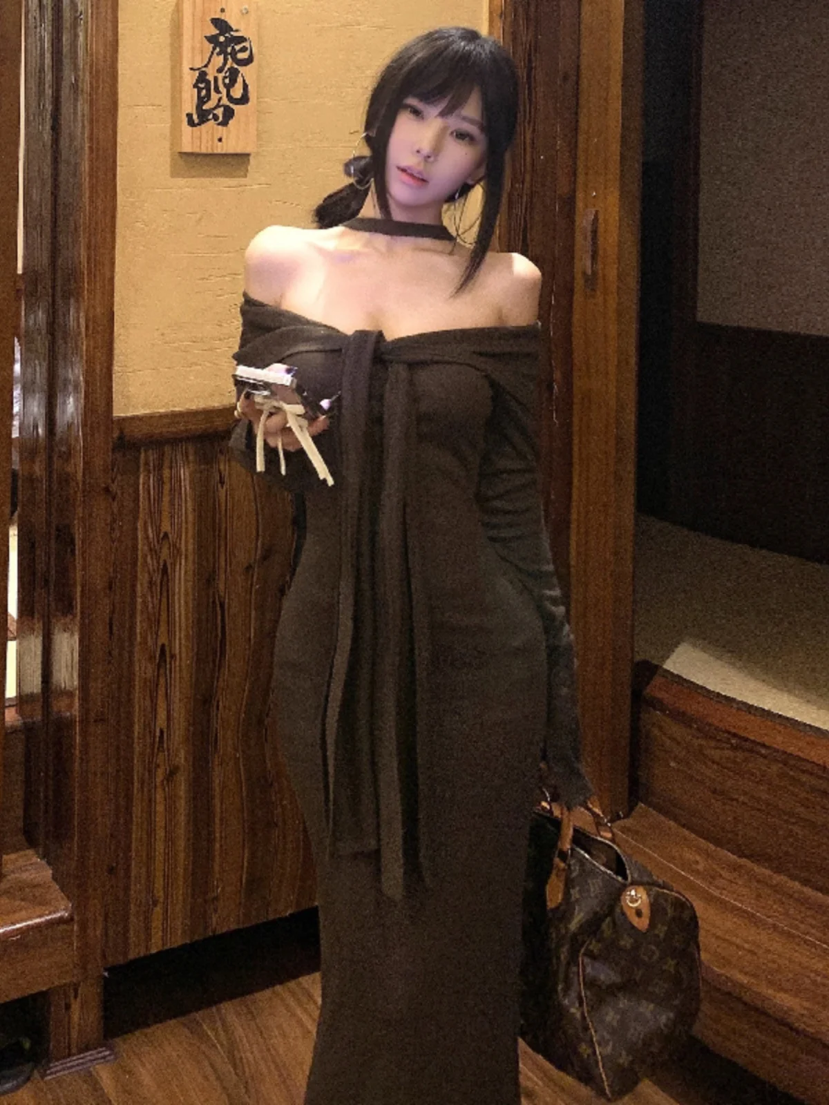 

Ladies spring autumn French high waist sexy line collar long sleeve bag hip skirt solid color patchwork slim pleated skirts