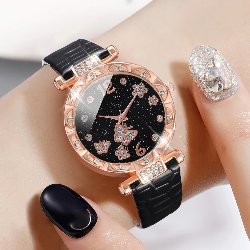 A New Casual And Fashionable Women's Quartz Watch With Three Butterfly And Two Flower Dial, Leather Strap, And Love Jewelry