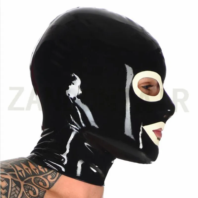 Club Wear Sexy Lingerie Unisex Handmade Black Latex Hoods Mask Drama Face open Eyes Mouth Customize Cekc Costume Back zipper
