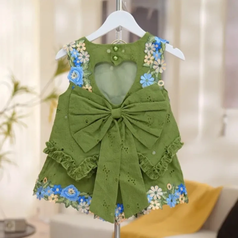 2025 Summer New Girls' Set Flower Backless Top Big Bow Fashionable Vest Shorts Two-piece Set Trendy