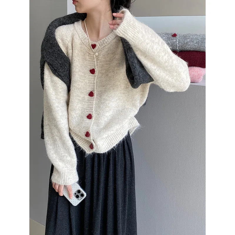 Cute Wool Red Heart-shaped Button Sweater Jacket For Women Autumn Loose Round Neck Open Stitch