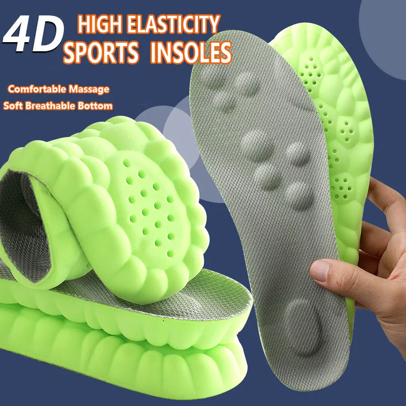 

New 4D High Elasticity Sport Insoles PU Soft Sole Shock Absorption Massage Insoles Breathable Deodorant Arch Support Shoe Pads