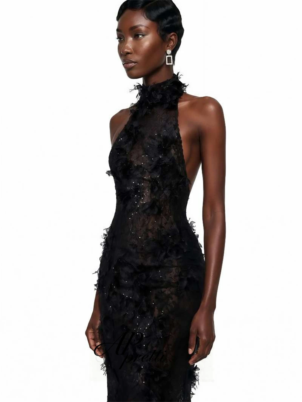 AP pretti Elegant Black Halter Lace Pleated Mermaid Maxi Evening Dress Customized 3D Appliques Floor-Length Formal Party Gown
