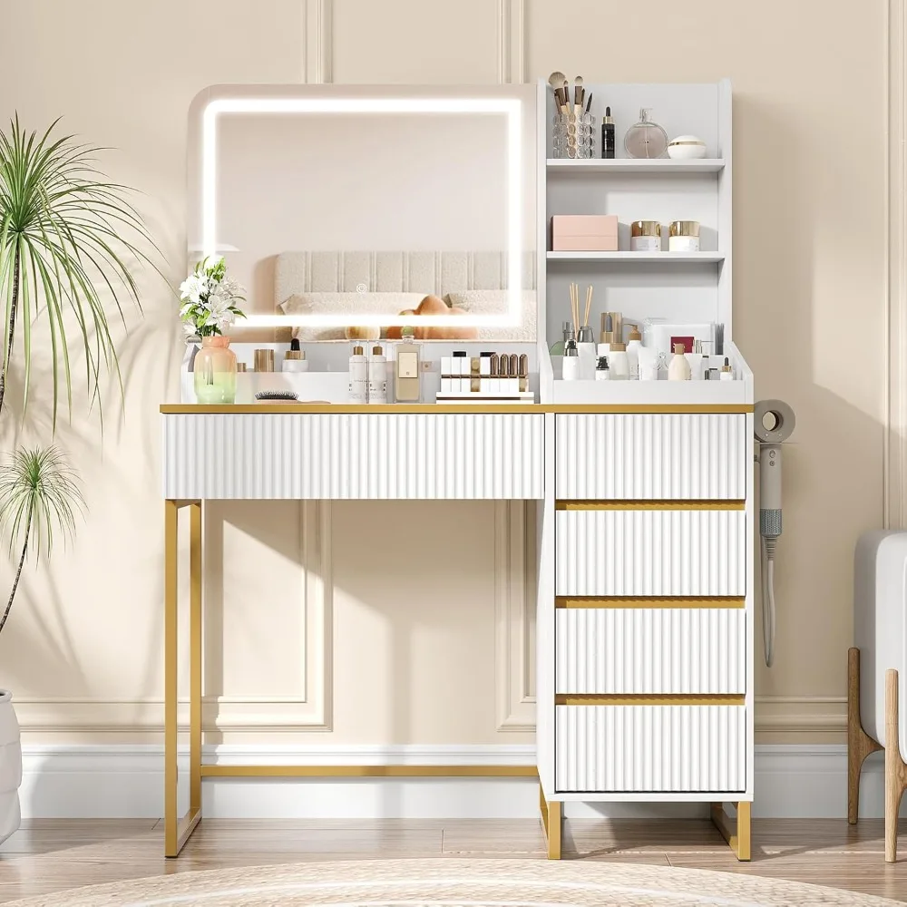 Makeup Vanity with Mirror and Lights, White and Gold Vanity Desk with 5 Drawers and Charging Station for Bedroom, Vanity Table