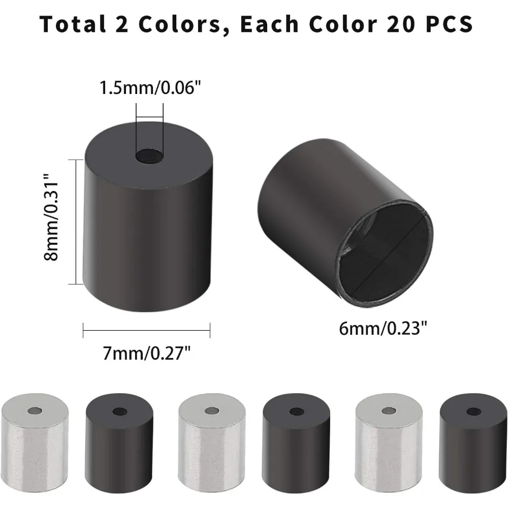 2 Colors about 40pcs Stainless Steel Cord Ends Column Leather End Caps Cord 6mm Inner Diameter End Caps