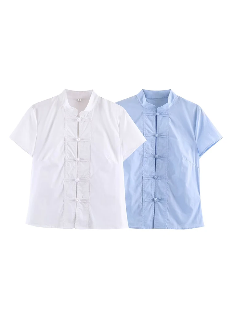 Damen Stehkragen-Hemden Sommer 2026 Sexy Schlanke Kurzarm-Bluse Lässige Einreihige Mode Vintage Streetwear