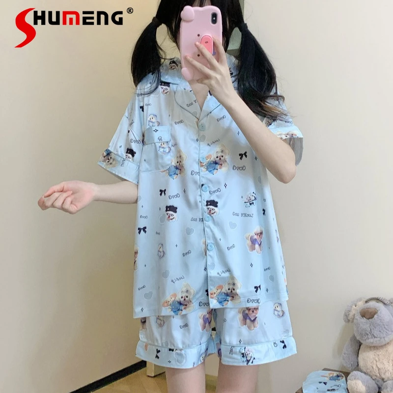 

Синий летний домашний комплект из ледяного шелка: женский костюм с коротким рукавом и мультяшными шортами, милый пижамный комплект в японском стиле