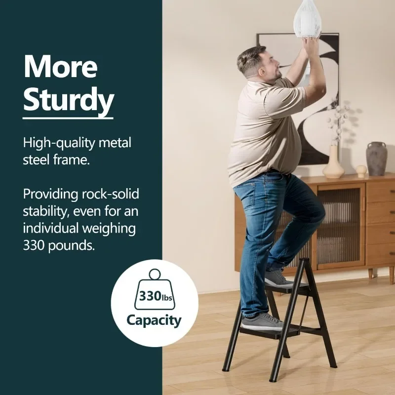 2 Step Ladder, Step Stool Foldable with Wide Pedals, Portable Stepping Stool for Adults,Sturdy Steel Ladders for Home with-Black