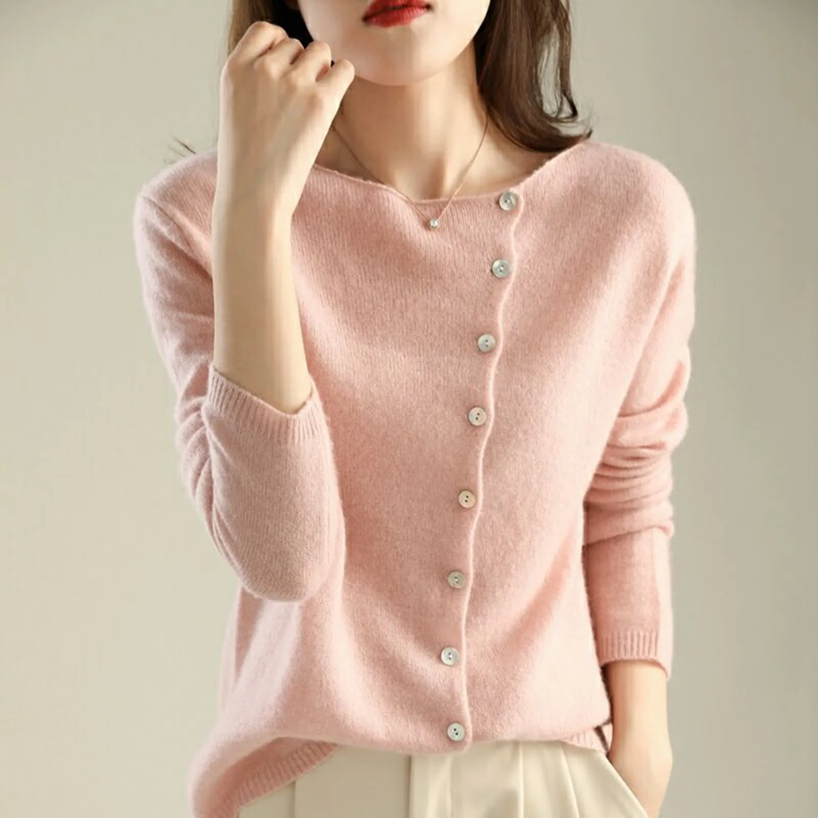 Autumn 2024 Asymmetrical Button Women Cardigan O-Neck winter Fleece Jumpers Cotton Single-Breasted solid color Knitted Tops