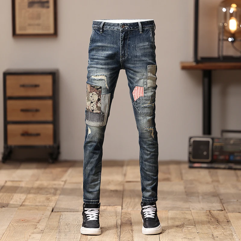 

Stitching Design Fashion Motorcycle Men's Jeans Skinny Autumn and Winter Party Vintage Trendy Unique Trousers