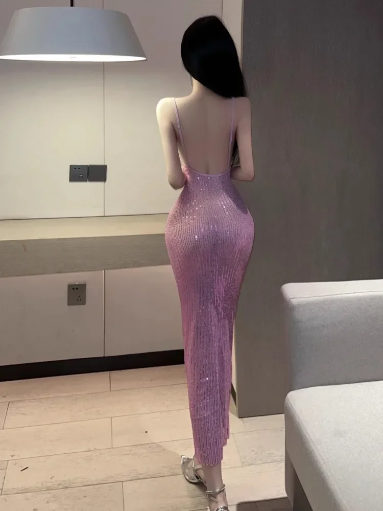 Topanoma abiti da sera donna Backless senza maniche Slim Sexy paillettes festa di nozze Cocktail abito lucido banchetto Prom Clubwear