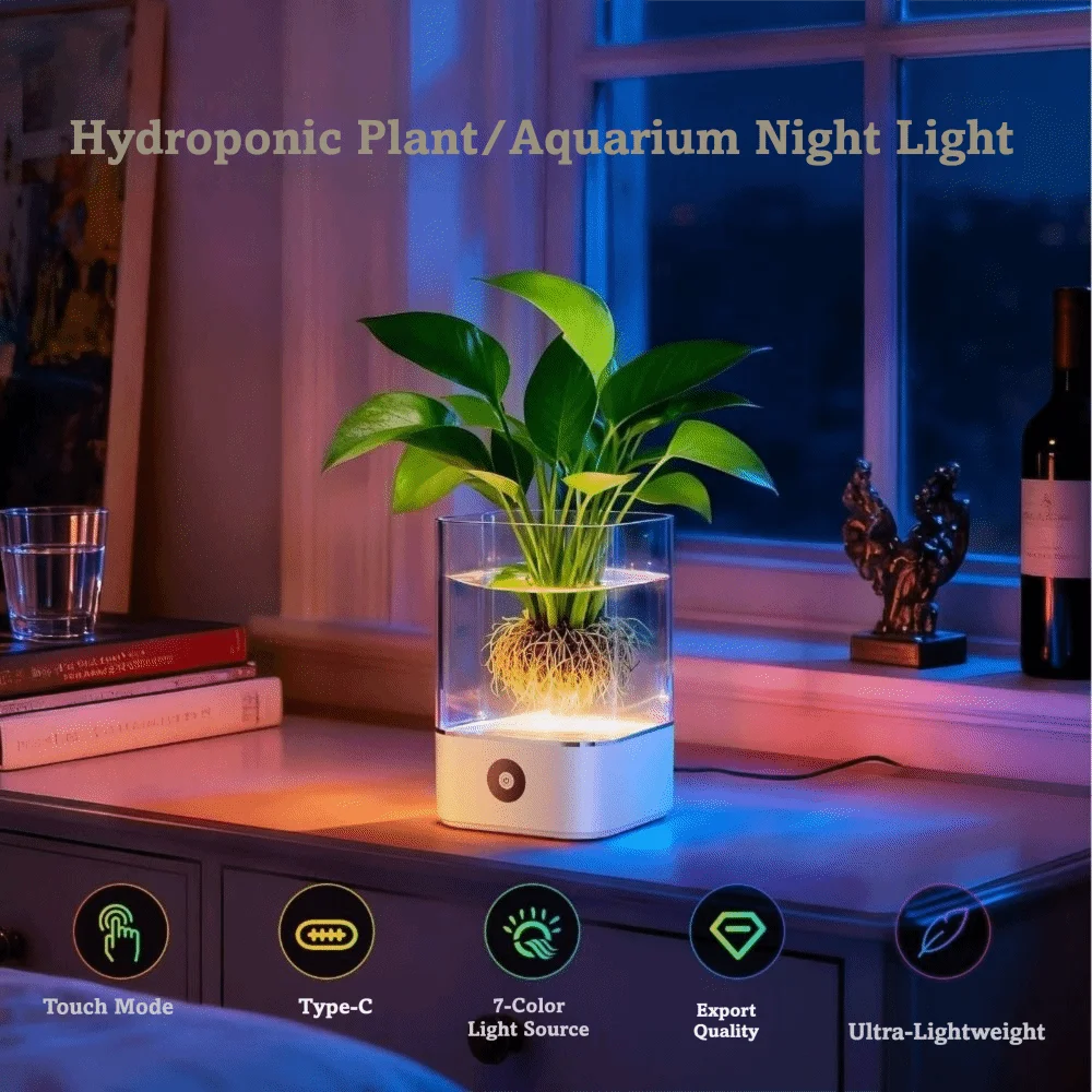 Colorful Crystal Aquarium Night Light Dimmable Color Changing Salt Lamp Multifunctional Hydroponic Green Pothos Decor