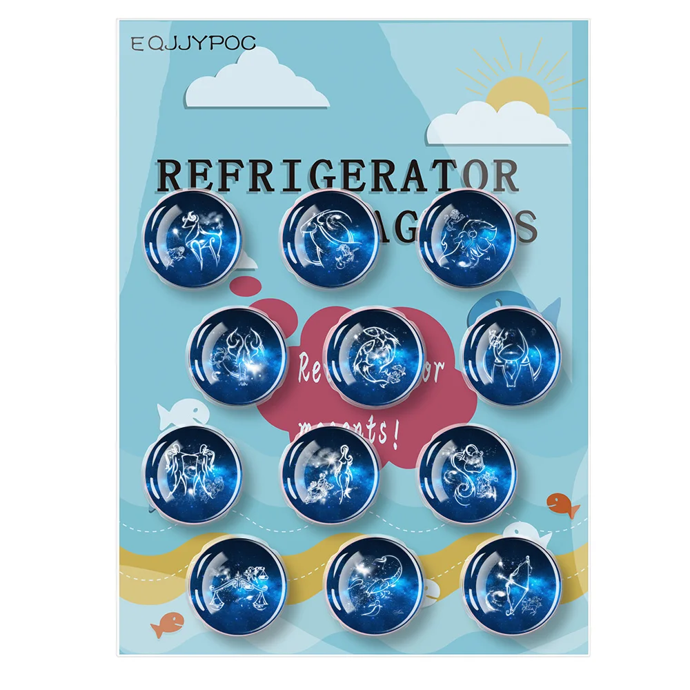 Constellations Magnetic Refrigerator Sticker Set Glass Dome Cabochon Fridge Magnets 12 Zodiac Sign Kitchen Decoration 3cm 12Pcs