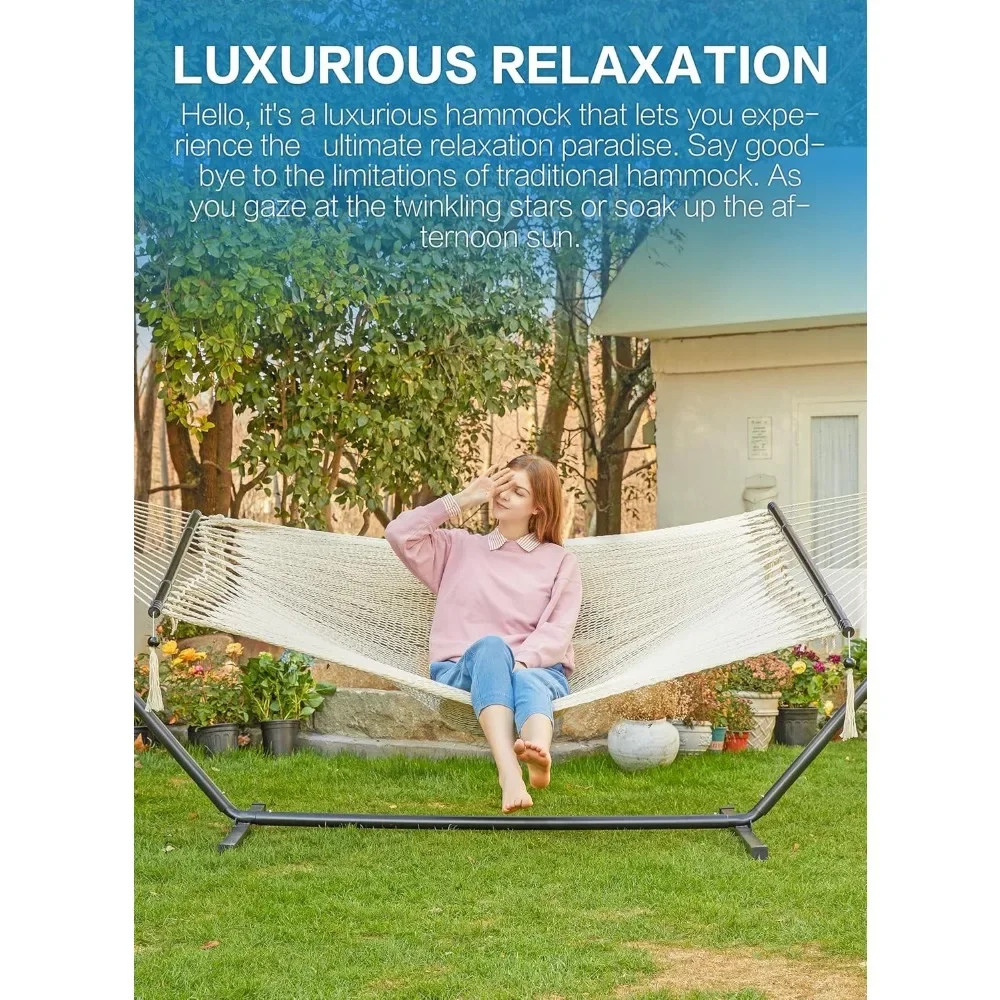 Double Hammocks with Stand Heavy-Duty for Outside, Handwoven Luxurious Rope Hammock 2 Person, Max 475 lbs Capacity